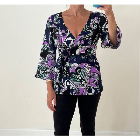 EUC Tibi Silk Paisley Navy & Purple Tie Front Tunic Top 3/4 Sleeve Sz Small - Picture 1 of 13